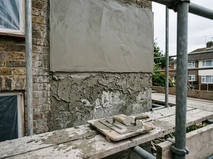Frischer, glatt aufgezogener Außenputz an einer Hausfassade