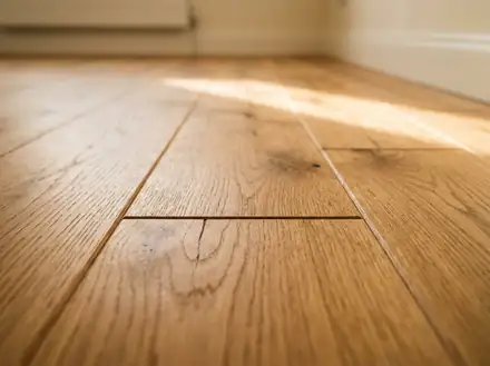 Nahaufnahme einer neu verlegten Eichendiele im Sonnenlicht