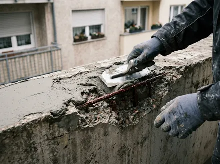 Reparaturmörtel wird auf eine schadhafte Betonbalkonkante mit freigelegter, behandelter Bewehrung aufgetragen