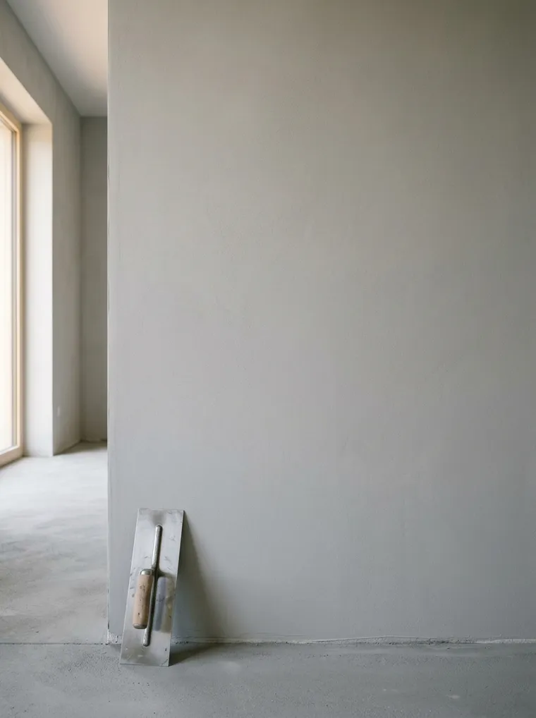 Frisch verputzte, glatt geglättete Innenwand mit Glätter, weiches Fensterlicht zeigt die ebene Fläche