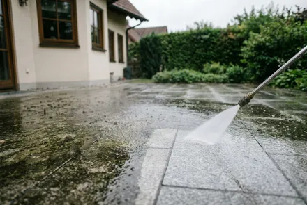 Flächenreiniger reinigt eine Natursteinterrasse, deutlich sichtbare saubere Spur neben verschmutztem Stein