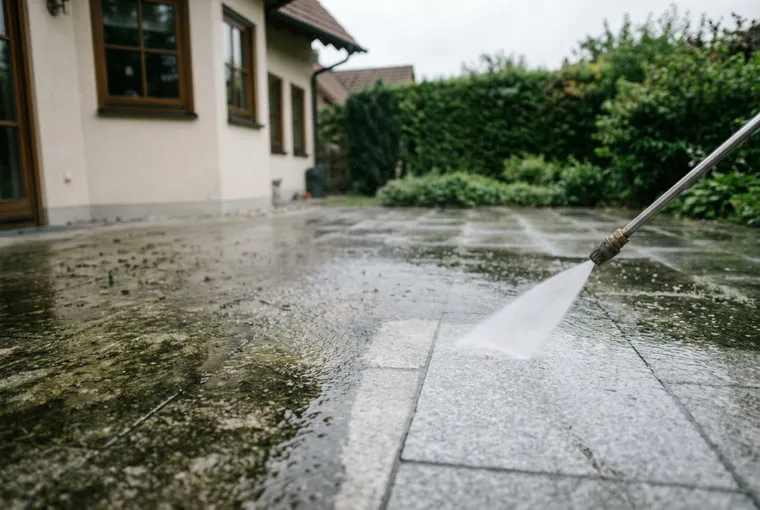 Flächenreiniger reinigt eine Natursteinterrasse, deutlich sichtbare saubere Spur neben verschmutztem Stein